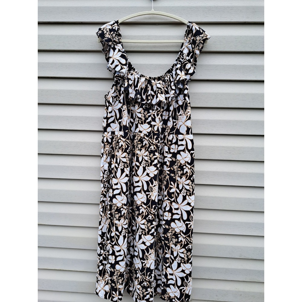 Ava & Viv Linen Blend Floral Elastic Back Top Neck Line Ruffle Midi Dress 1X
